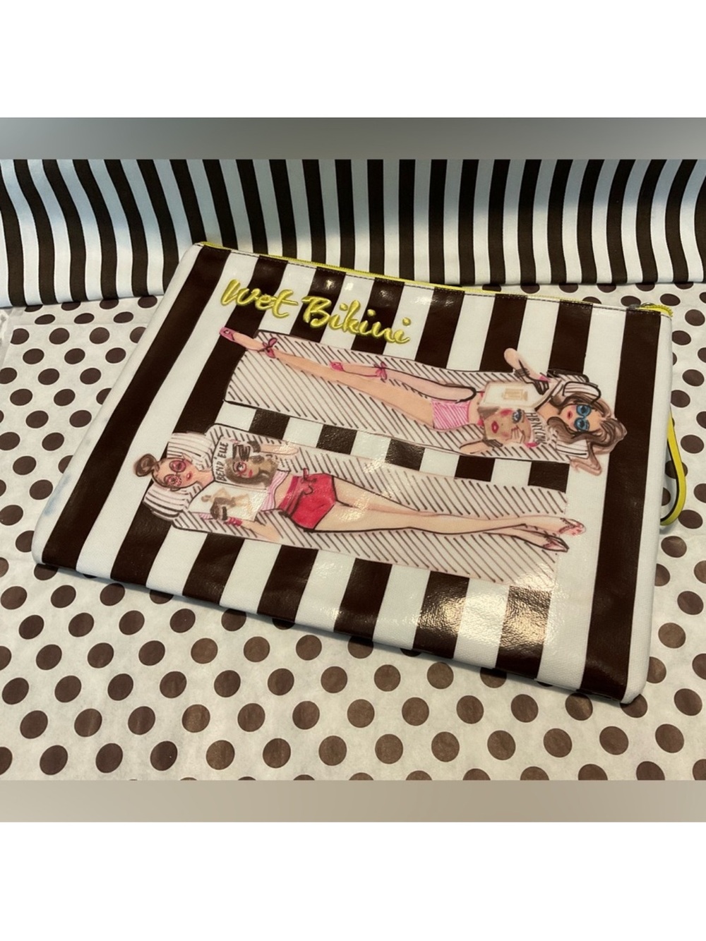 Henri Bendel Black & White Striped 'Wet Bikini' Cosmetic Pouch with Pink Accents
